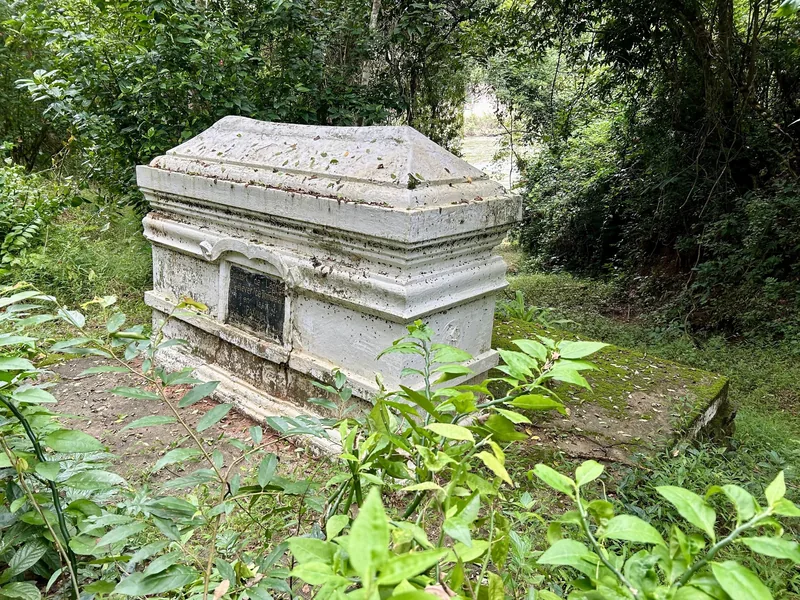 An old stone tomb with a plaque stands among dense jungle foliage near Luang Prabang.