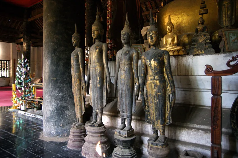 Row of standing Buddha statues inside a temple hall in Luang Prabang, Laos.