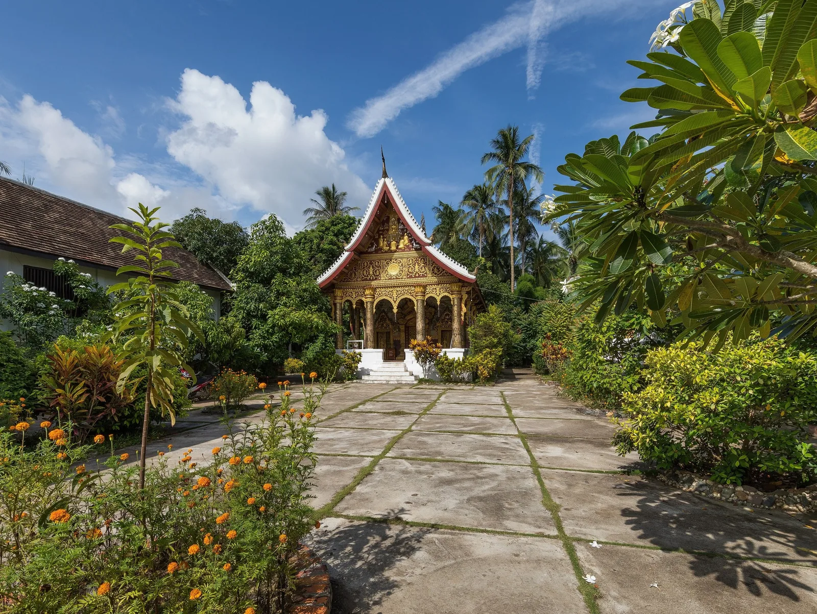 A gilded Buddhist temple with a red tiered roof sits amid tropical gardens in Luang Prabang.