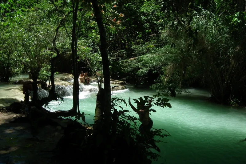 Turquoise pools cascade through lush jungle at Kuang Si waterfalls near Luang Prabang, Laos.