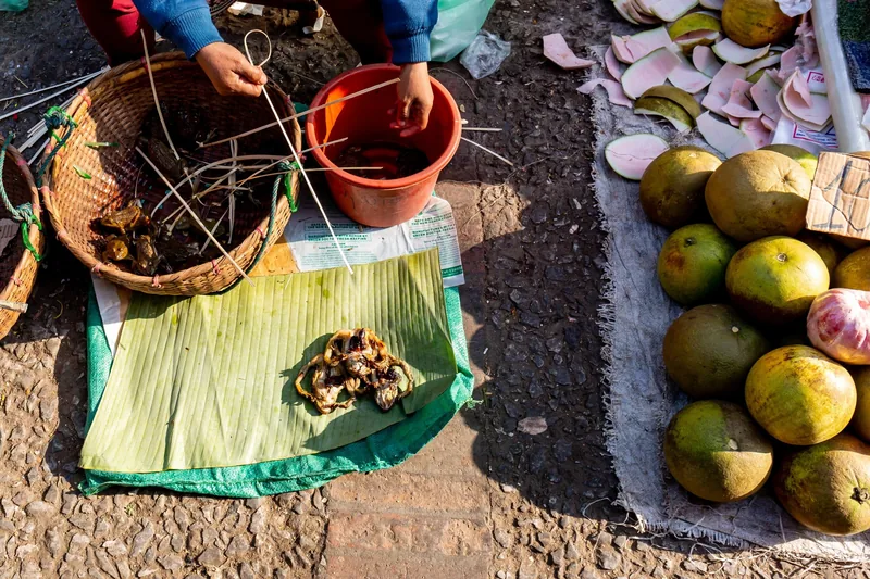 A street vendor in Luang Prabang sells cooked frogs on a banana leaf beside piles of pomelo fruit. A street vendor in Luang Prabang sells cooked frogs on a banana leaf beside piles of pomelo fruit.